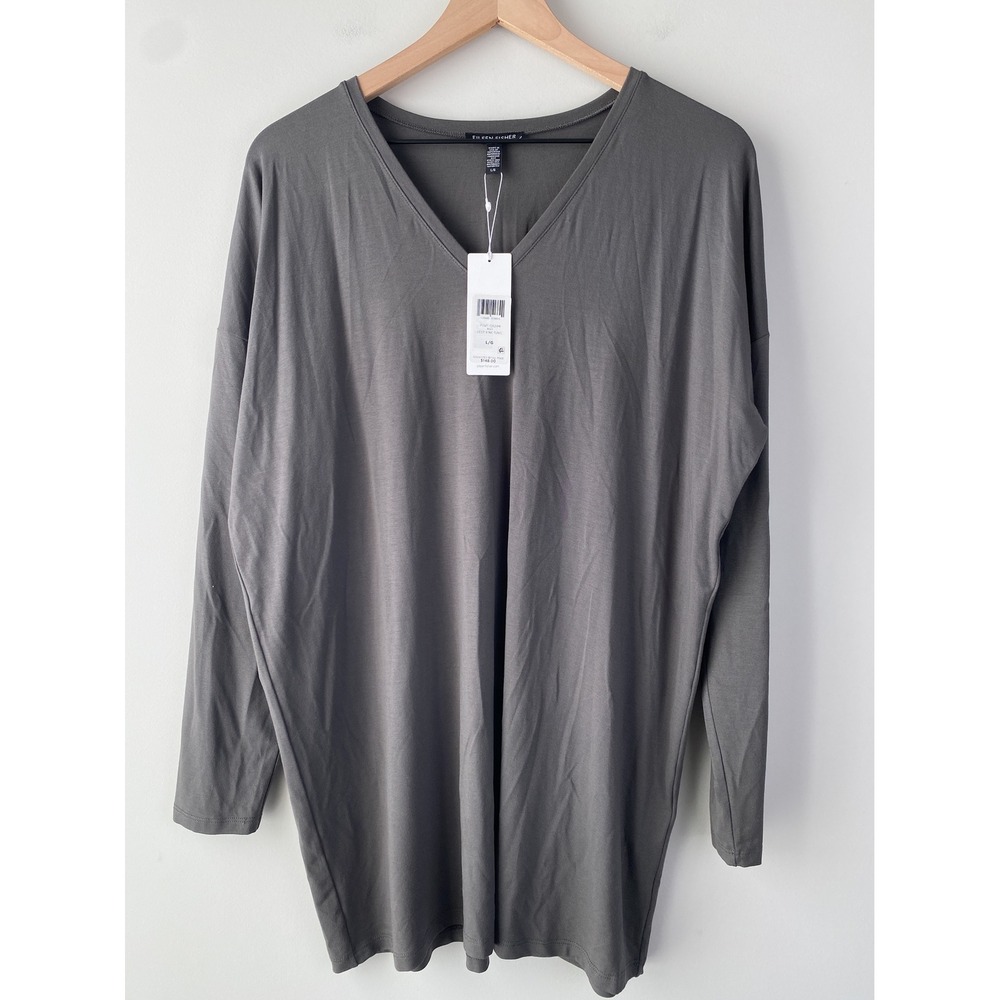 NWT Eileen Fisher Women Deep V Neck Tunic Top‎ L Ash Grey Long Sleeve Viscose